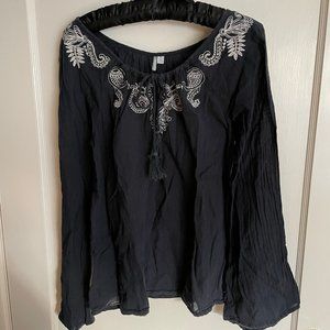 RIPCURL blue embroidered gathered scoop neck  top